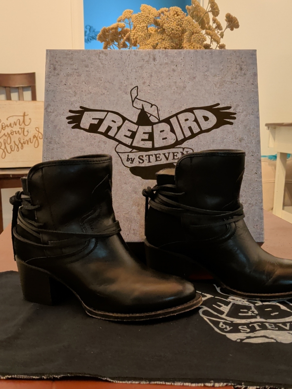 Freebird by Steven Black Leather Ankle Boots with Wrap Strap Detail